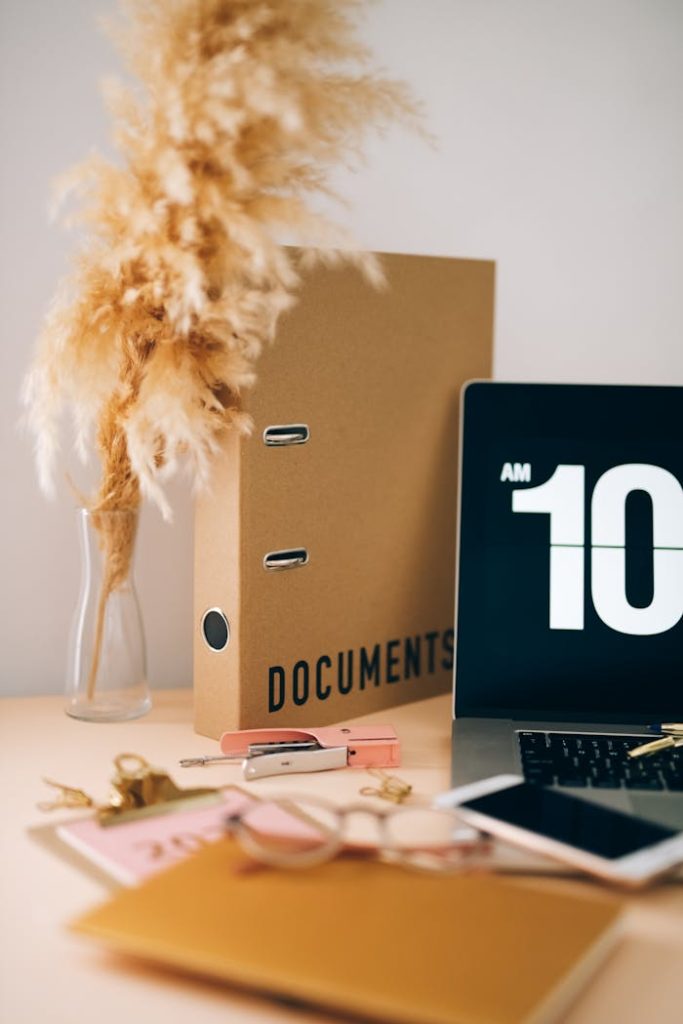A tidy desk featuring documents, a laptop, and dried pampas grass, ideal for office themes.